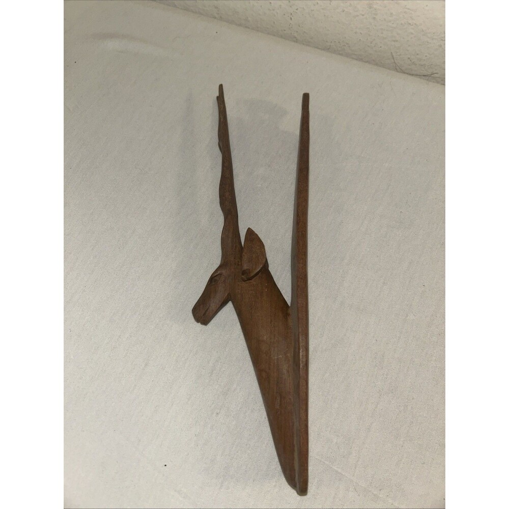 Vintage MCM Hand Carved Wood Antelope Wall Art Plaque Made In Africa 10"